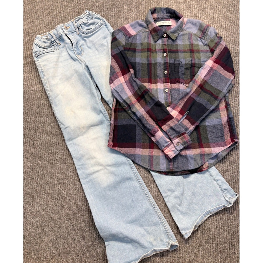 Abercrombie Kids Plaid Flannel Shirt and High Rise Flare Jeans Set Size 9/10